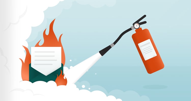 Illustration with burning letter and fire extinguisher