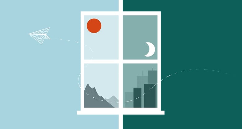 Illustration of a window showing night and day